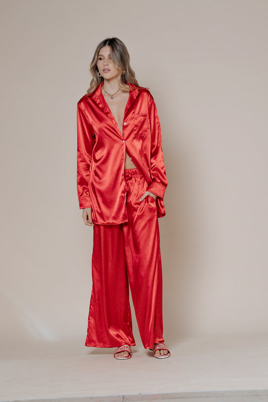 CHIC SILK SATIN SET 3 PIECES - SHORT, PANTS & SHIRT