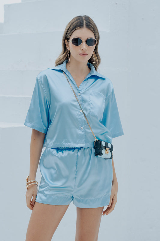 BOUJEE  SILK SATIN SET 3 PIECES SHORT, PANTS & SHORT SLEEVE SHIRT