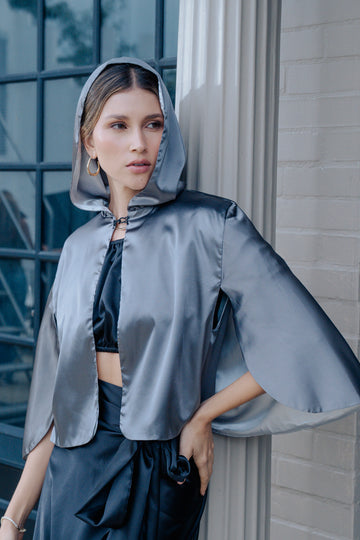 MAJO Cape- Blazer  with Hoodie Silk Satin